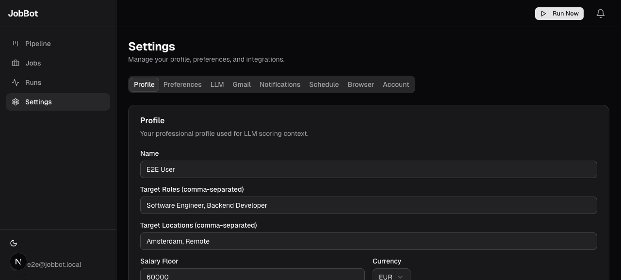 Jobot Settings — scoring prompt and profile editor