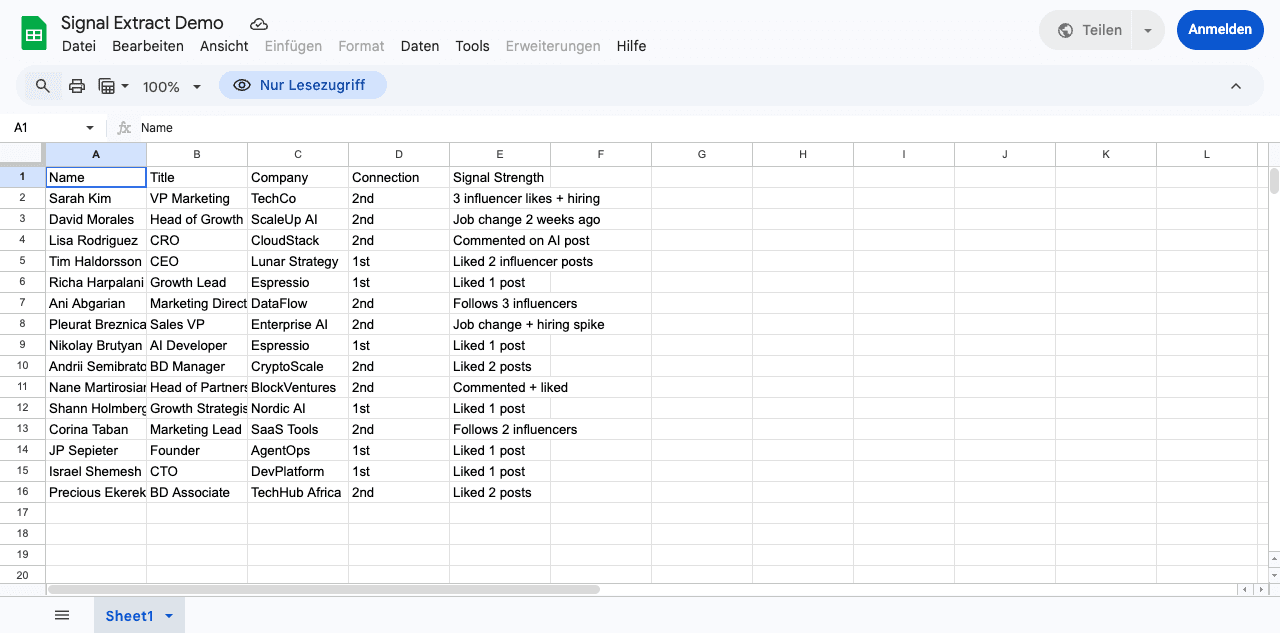 Google Sheet with 16 extracted prospects — name, title, company, signal strength