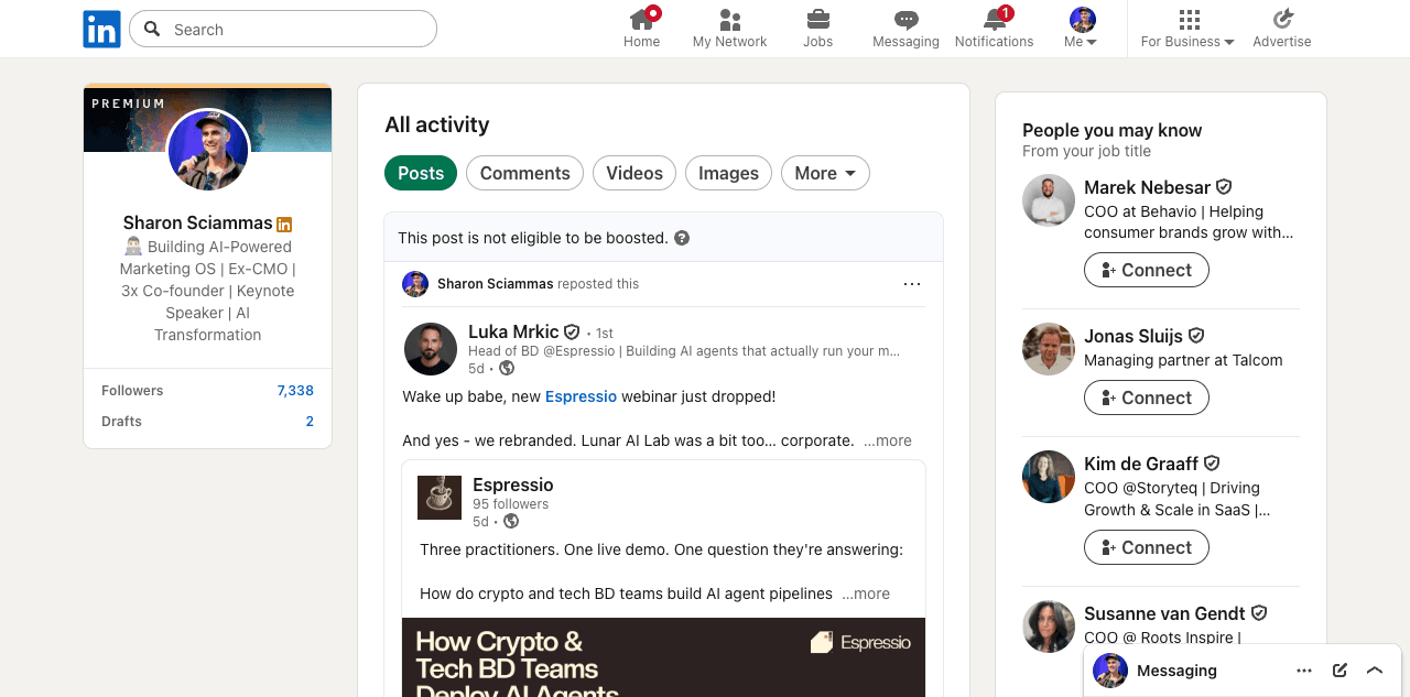 LinkedIn activity page open in Agent Browser