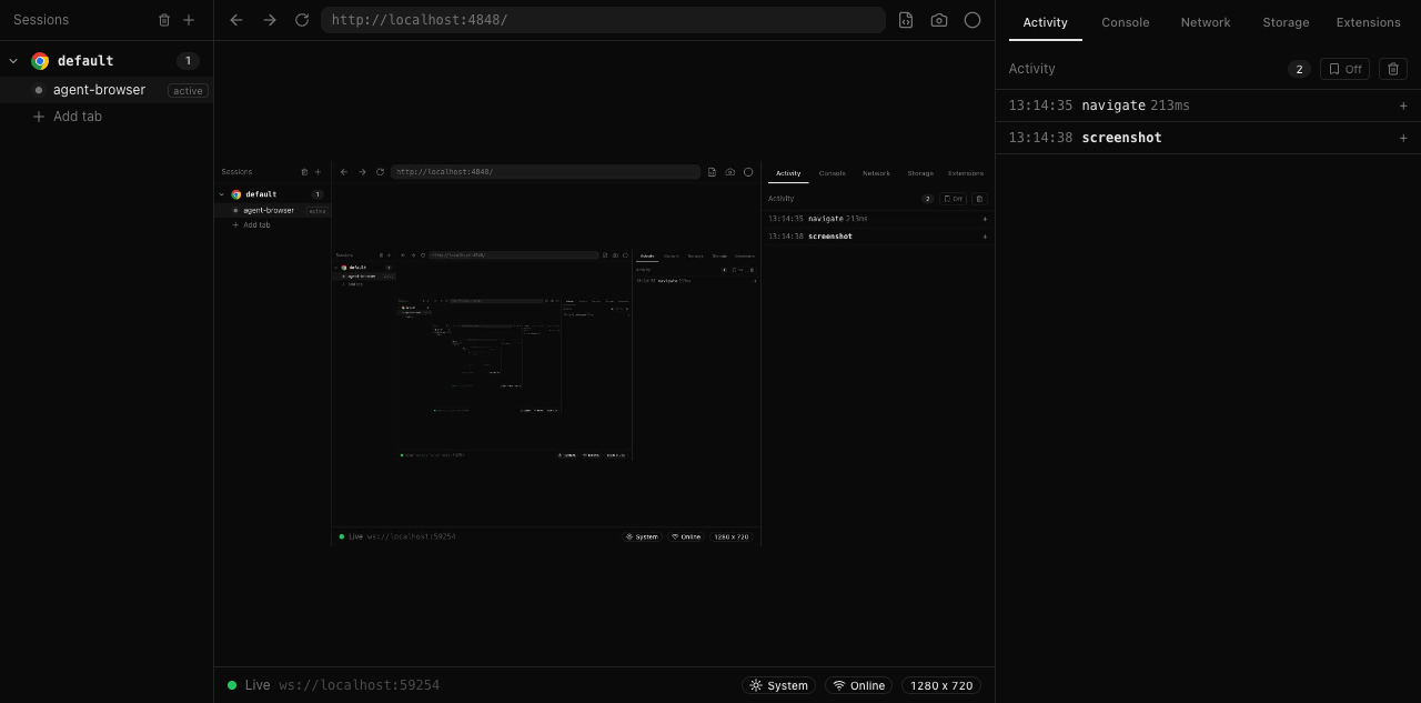 Agent Browser dashboard showing a live browser session