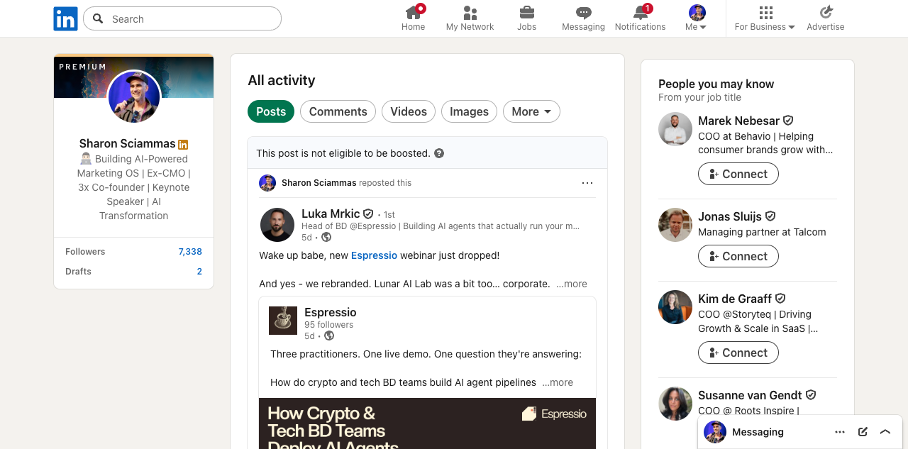 LinkedIn activity page open in Agent Browser