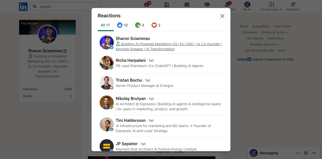 LinkedIn reactions modal showing likers with names and titles